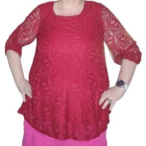 Roz & Ali Size 1X Red Top Lace Overlay Sleeves Cutout Back Valentine Romantic